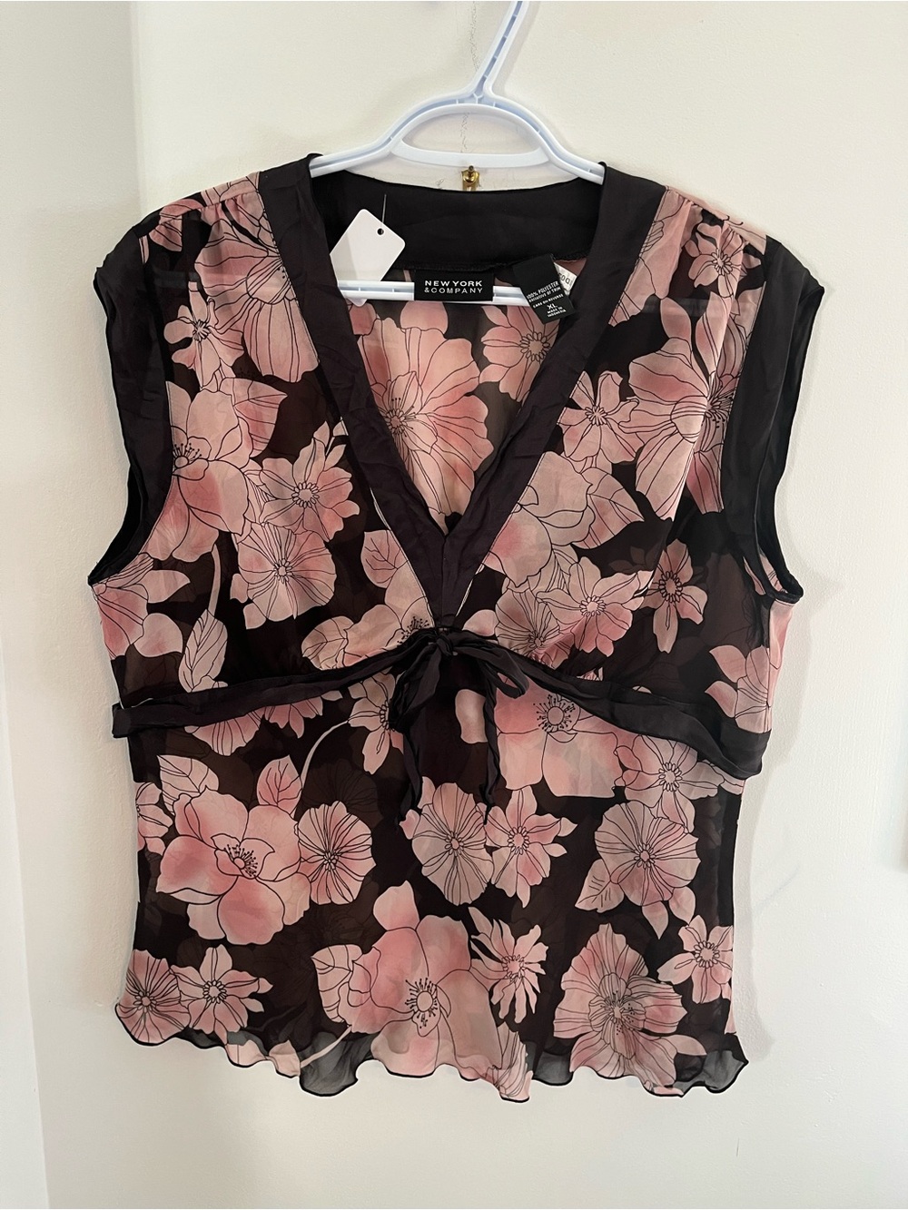 Y2K New York & Company Brown Sheer Pink Floral Tie-Front V-Neck Top - Size XL